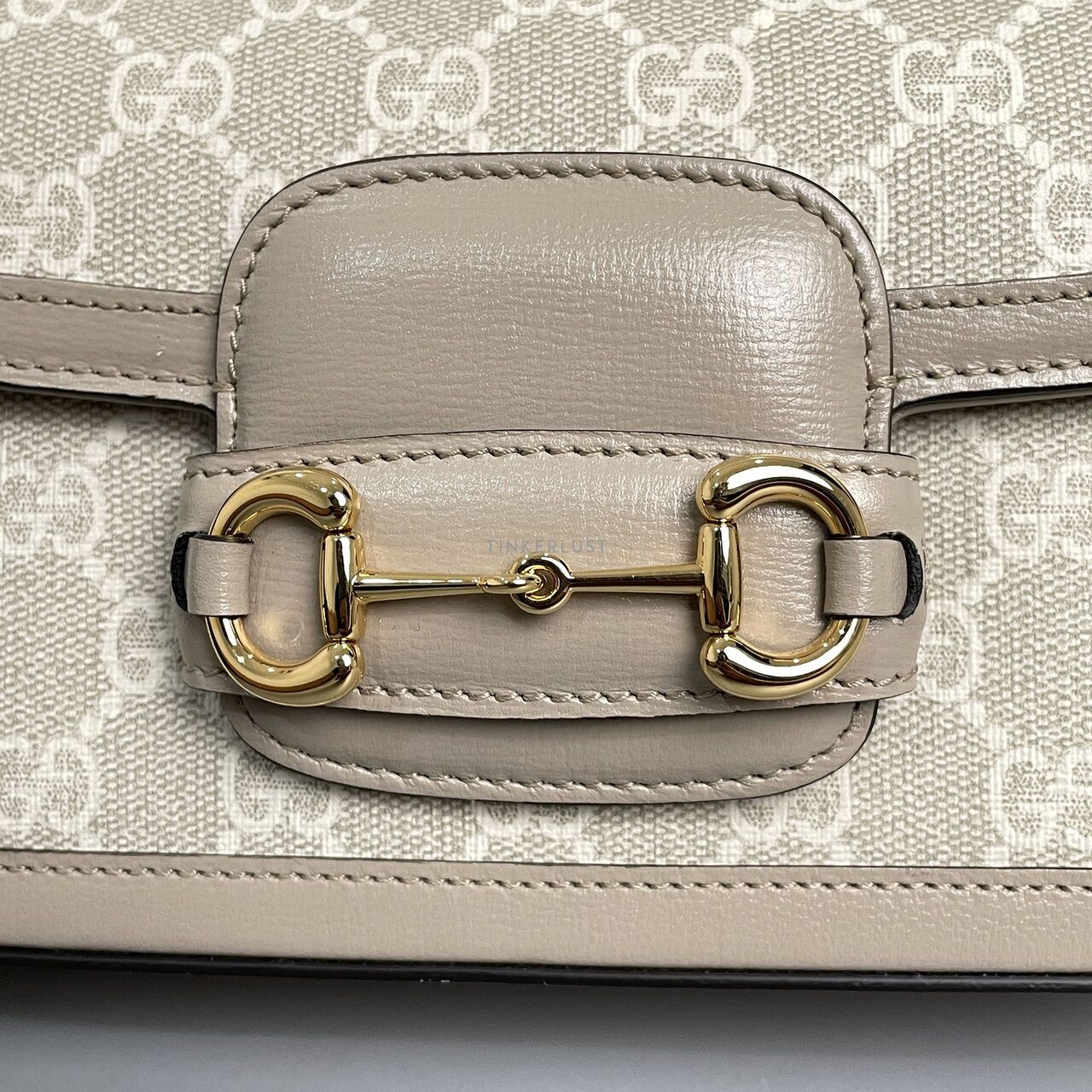 Gucci Horsebit 1955 Beige & White Coated Canvas GHW Shoulder Bag