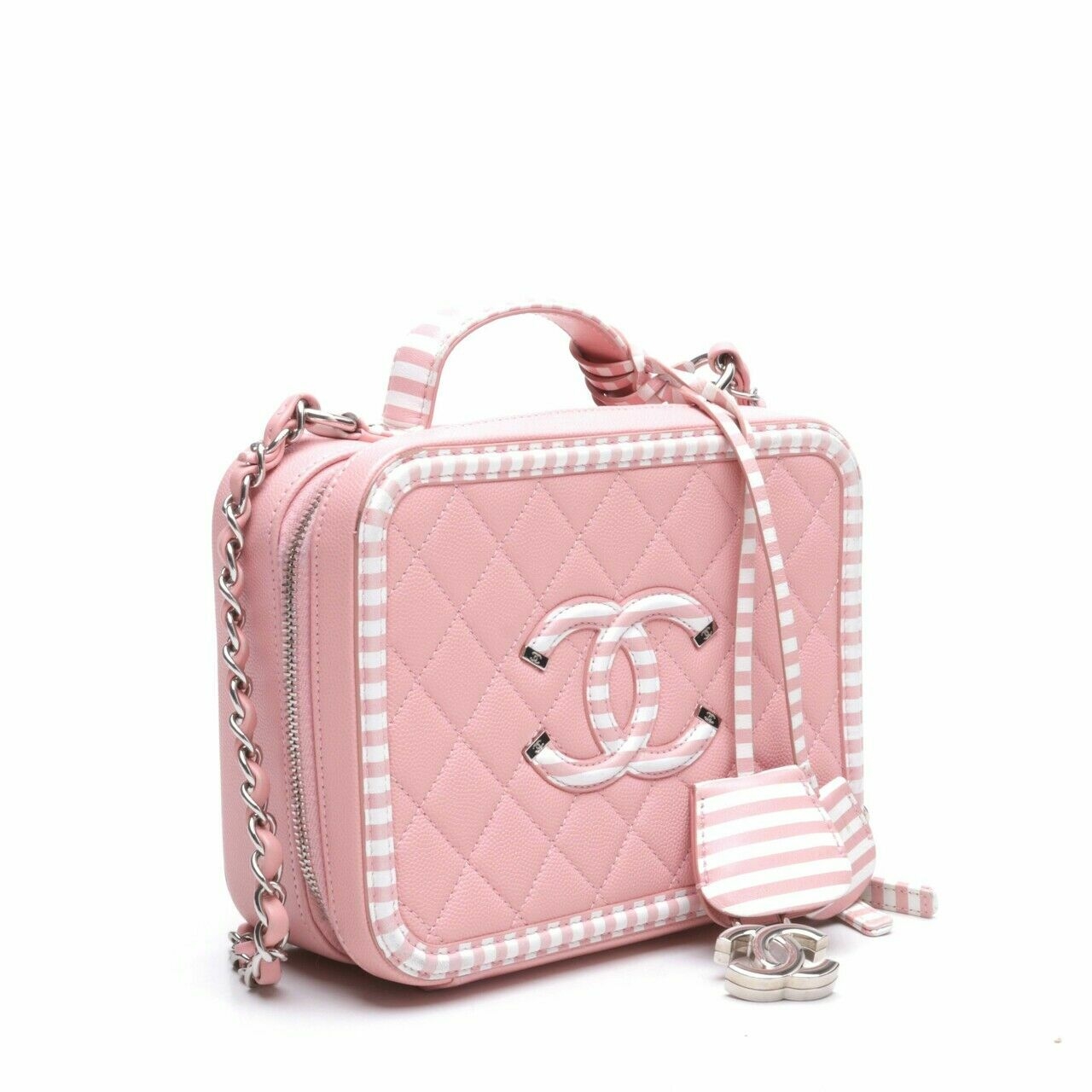  Chanel Pink Medium Filigree Vanity Case in Pink&White Trim Caviar SHW Sling Bag