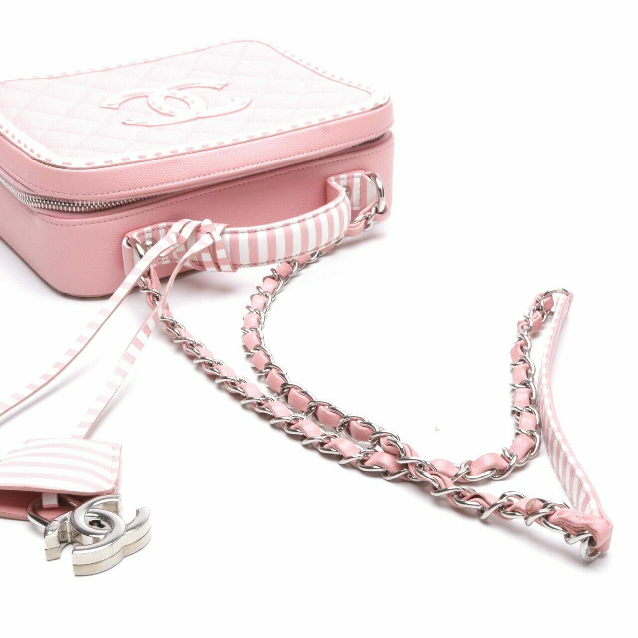  Chanel Pink Medium Filigree Vanity Case in Pink&White Trim Caviar SHW Sling Bag