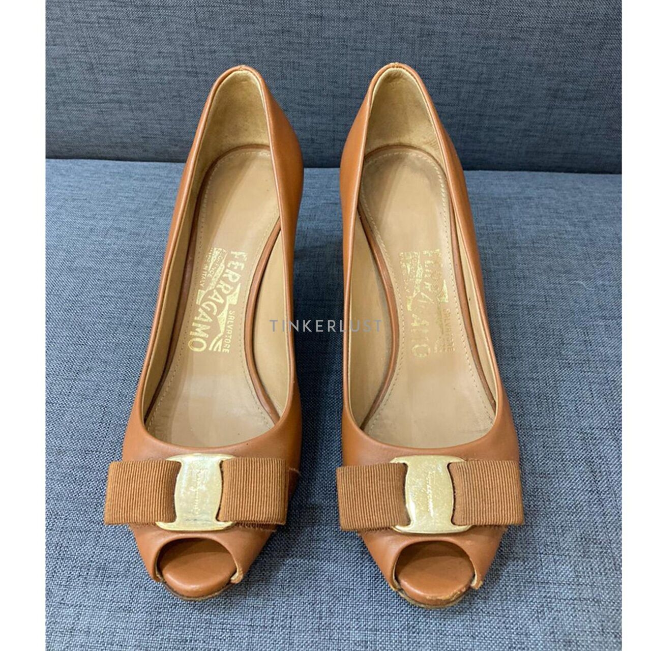 Salvatore Ferragamo Vara Bow Peep-Toe Brown Pump Heels