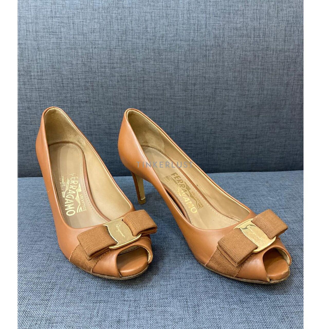 Salvatore Ferragamo Vara Bow Peep-Toe Brown Pump Heels