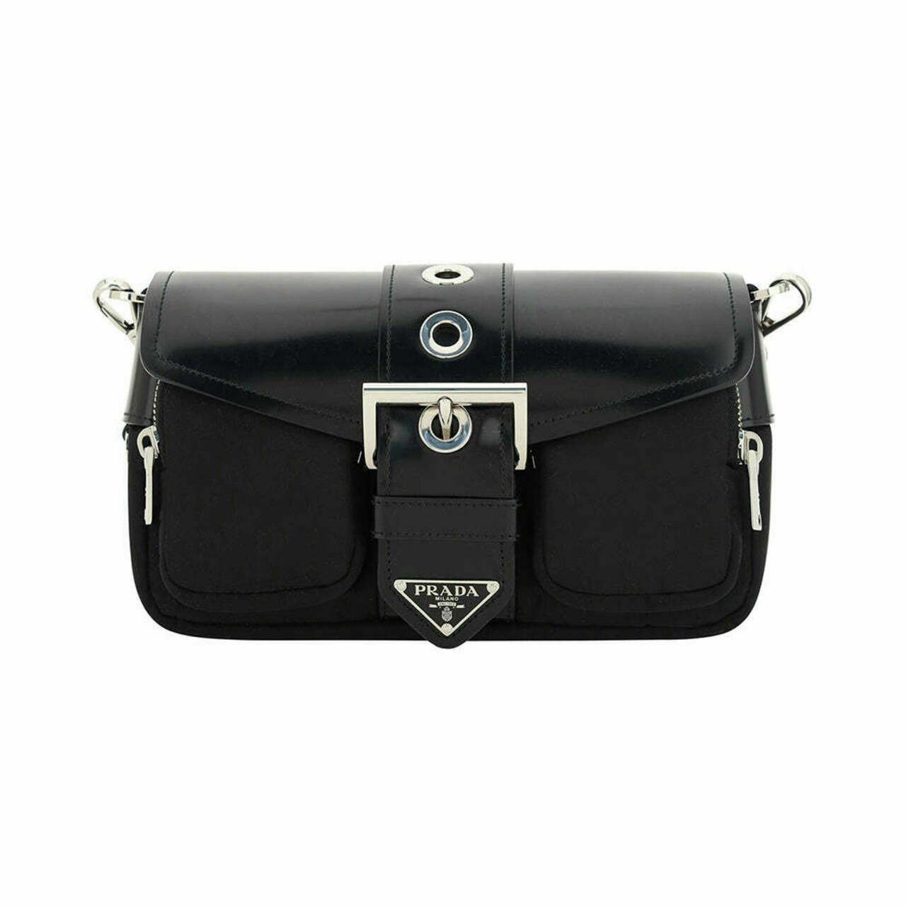 Pocket Nylon Meta Logo Brushed Leather Bag Black