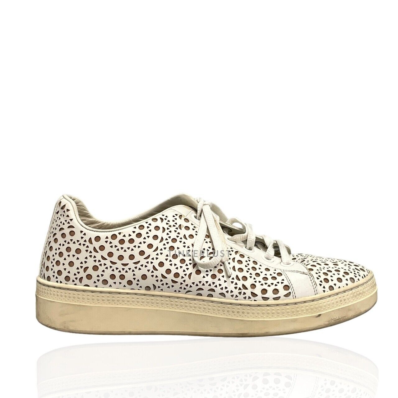 Alaia Laser Cut Leather Lace Up White Sneakers