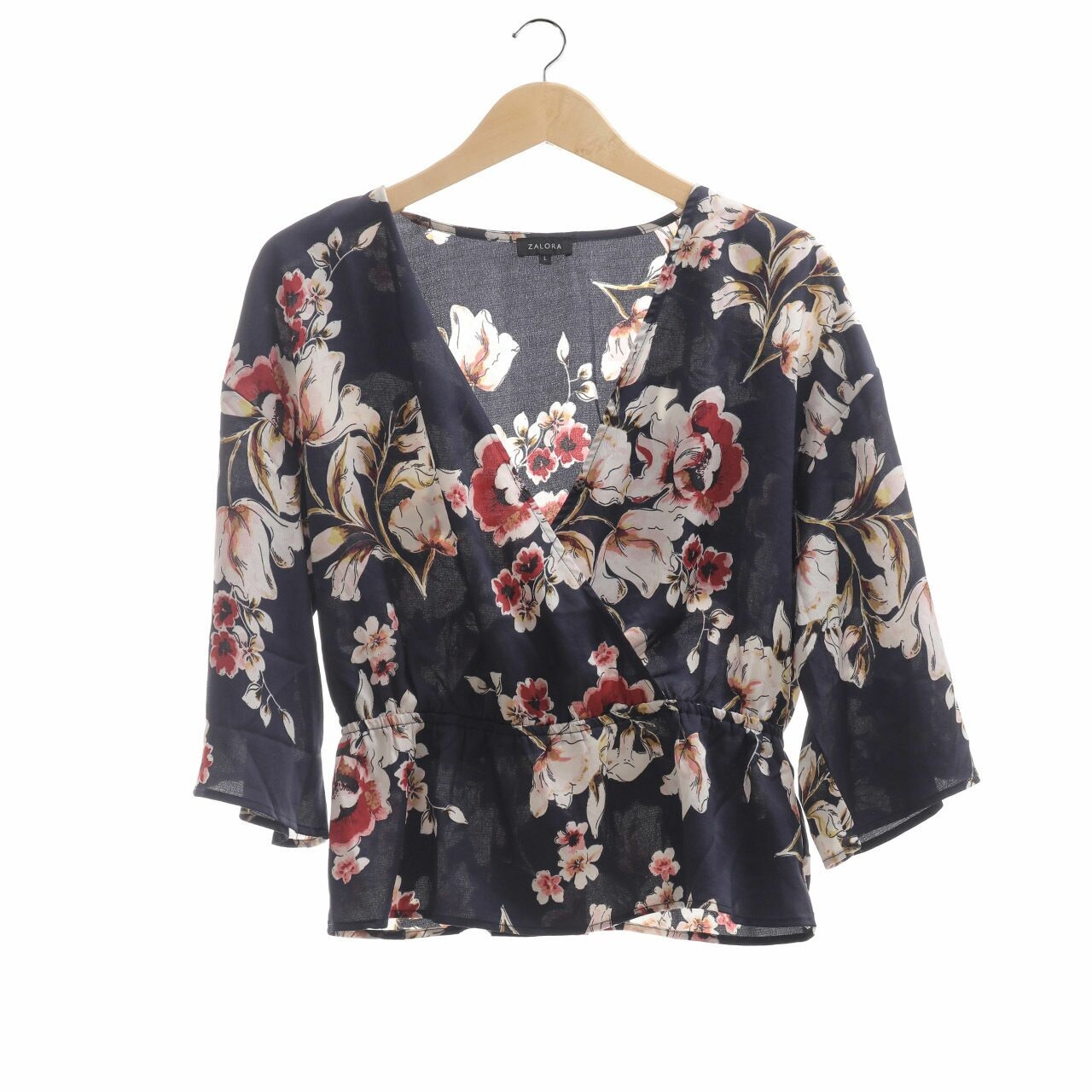 Zalora Navy Floral Wrap Blouse