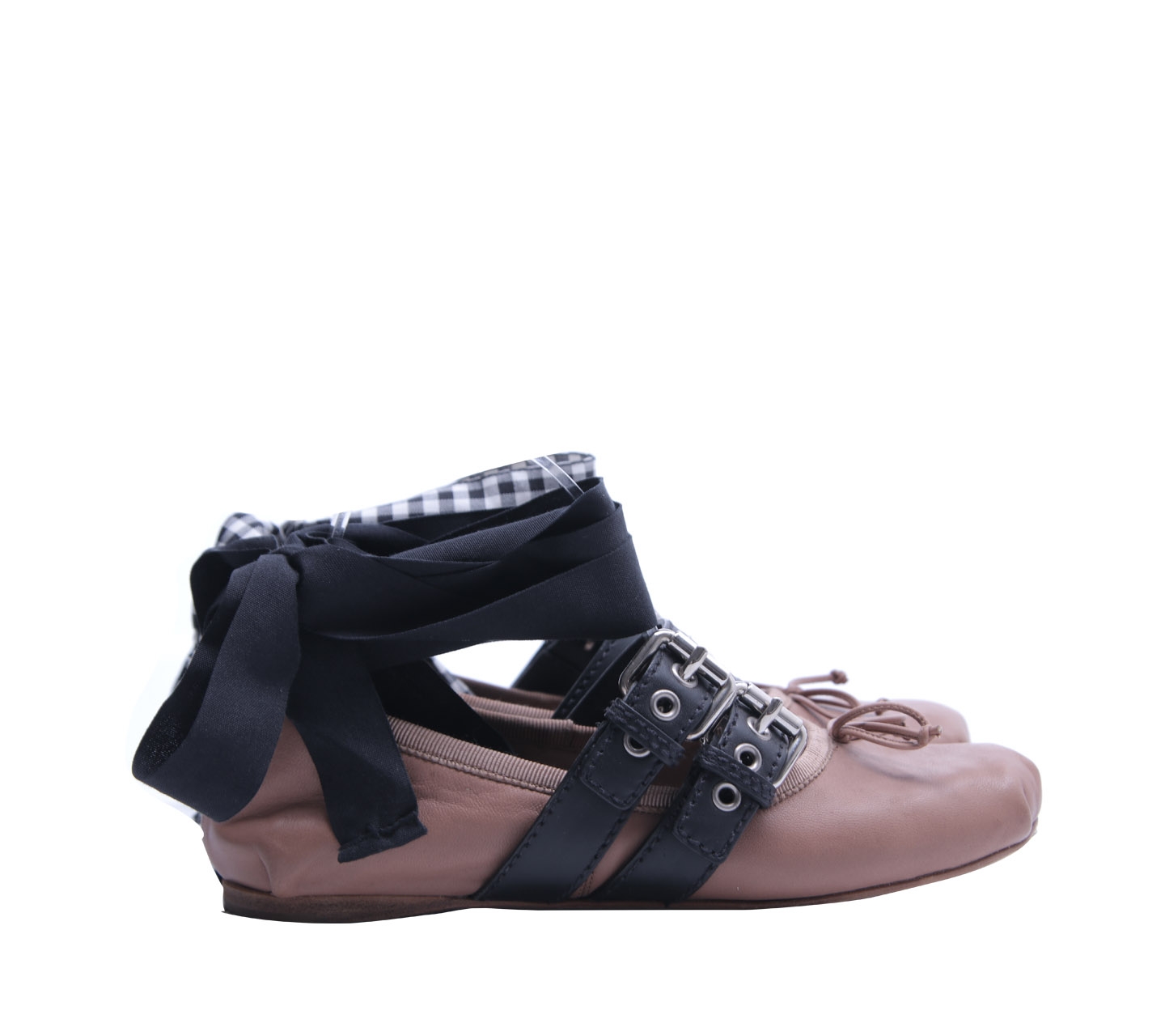 Miu Miu Brown Belted Leather Ankle - Wrap Ballerina Flats