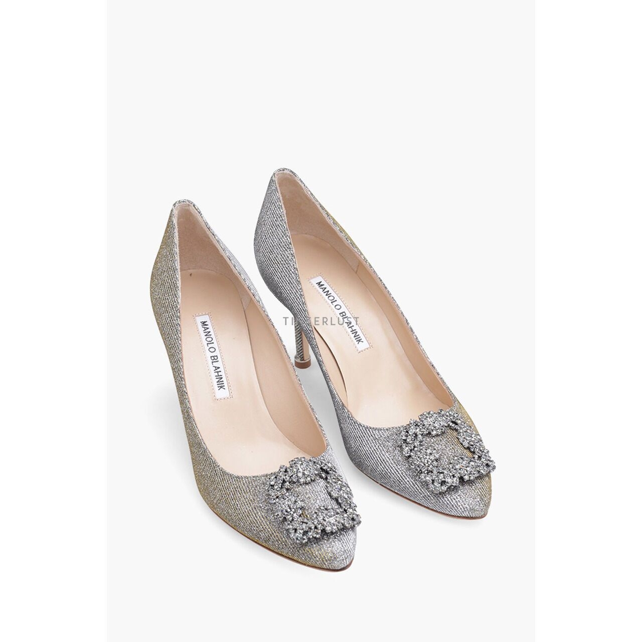 Manolo Blahnik Hangisi Pumps 7cm Gold Glittered & Dark Crystal Heels