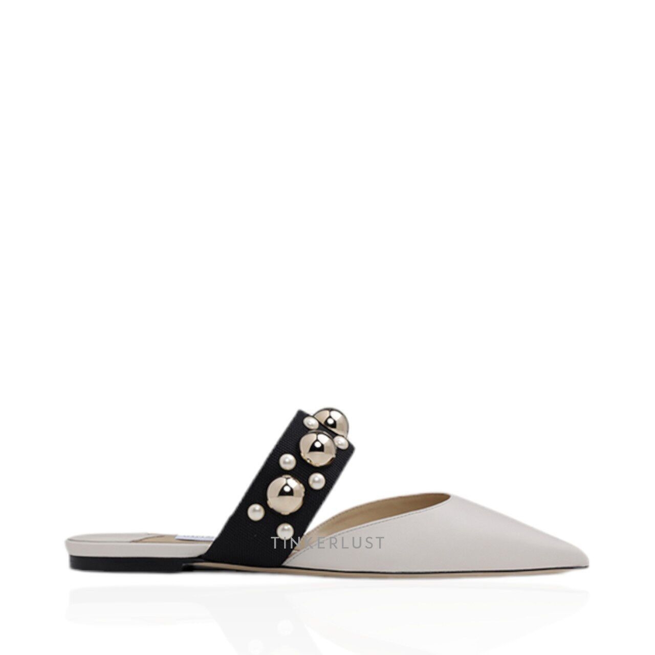 Jimmy Choo Basette Pointed Toe Flat in Latte/Black/Gold Mix with Pearl and Stud Strap Mules Flats