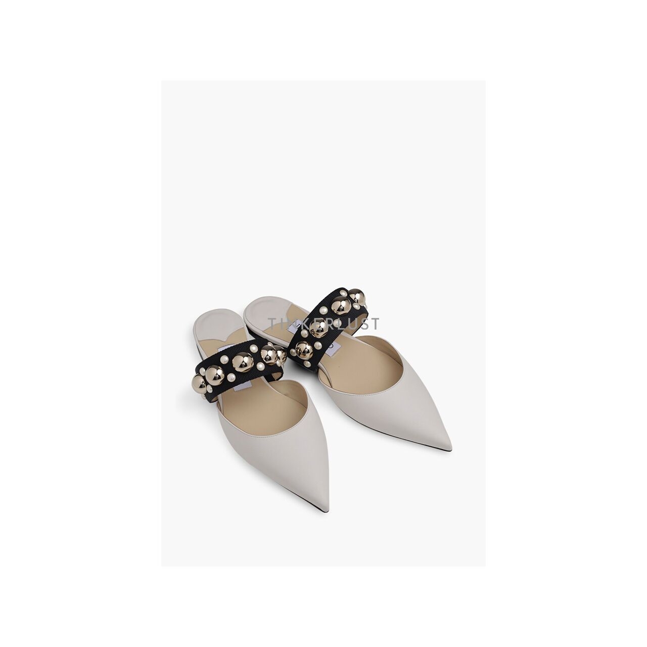 Jimmy Choo Basette Pointed Toe Flat in Latte/Black/Gold Mix with Pearl and Stud Strap Mules Flats