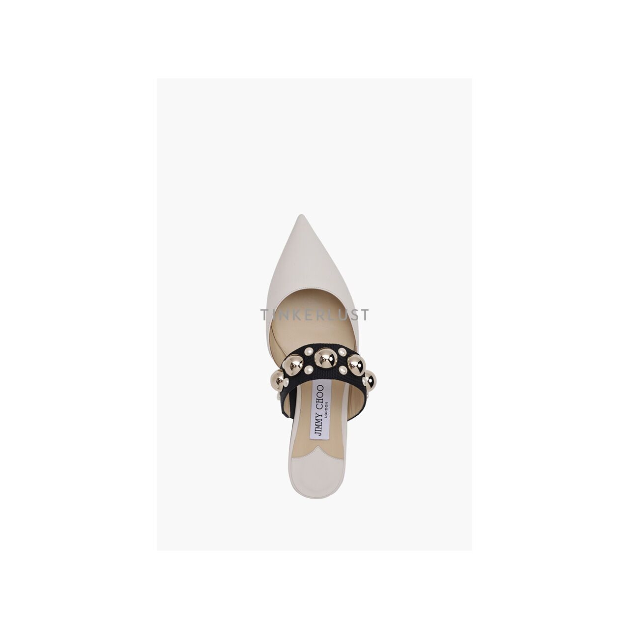 Jimmy Choo Basette Pointed Toe Flat in Latte/Black/Gold Mix with Pearl and Stud Strap Mules Flats