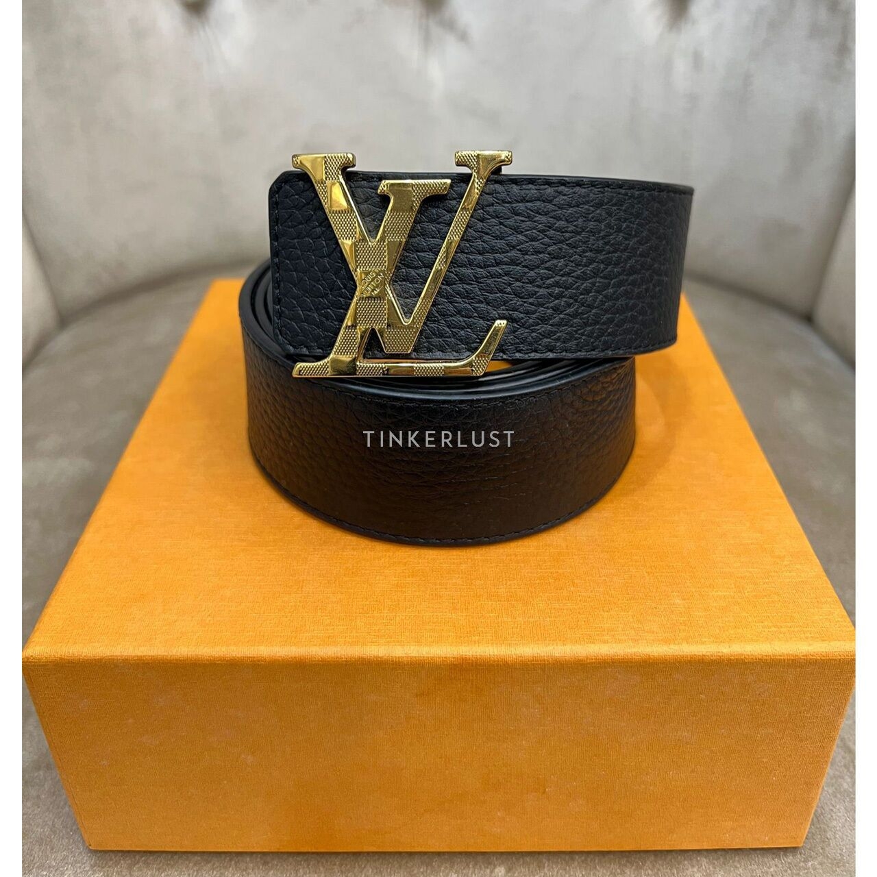 Louis Vuitton Black Leather Damier Gold Buckle Belt