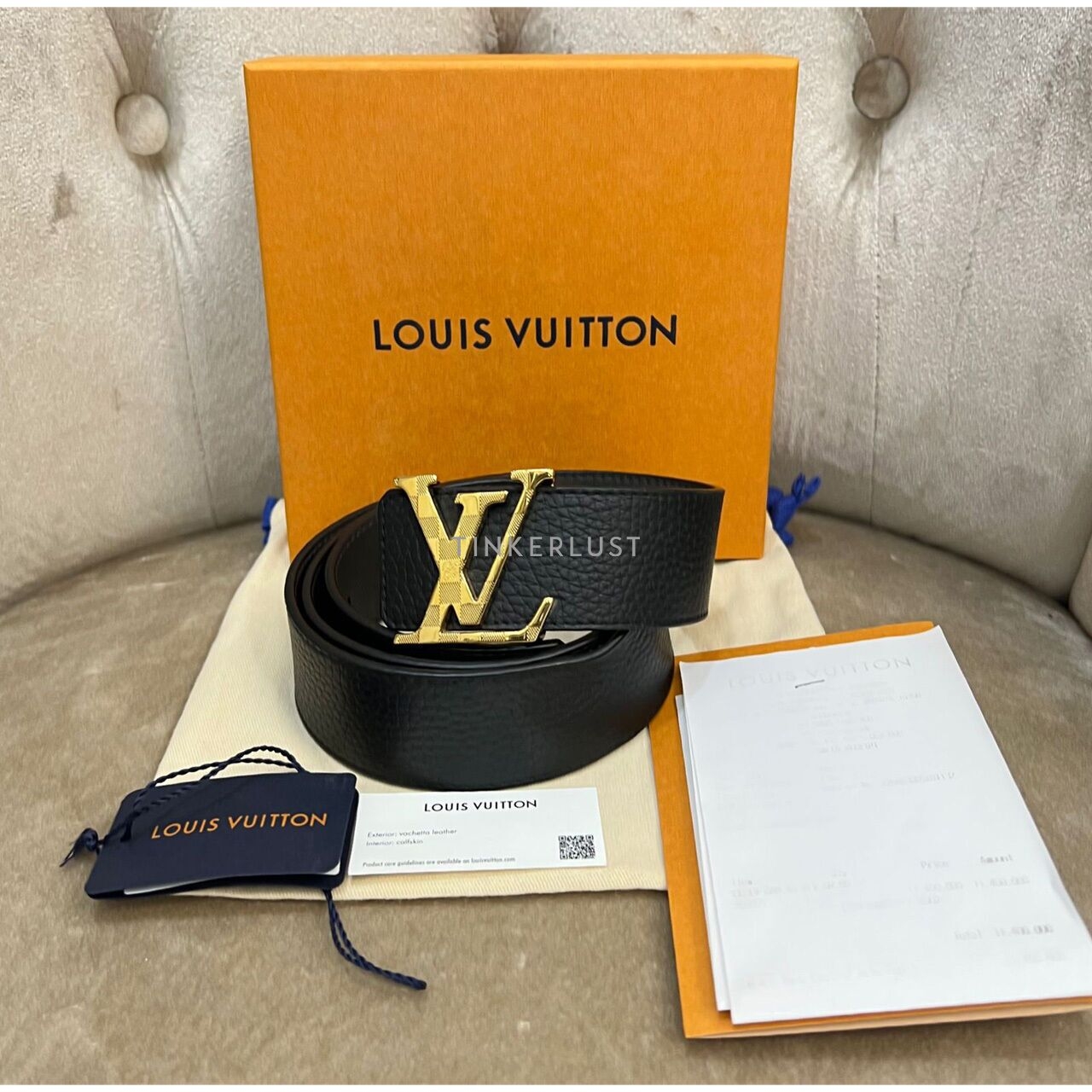 Louis Vuitton Black Leather Damier Gold Buckle Belt