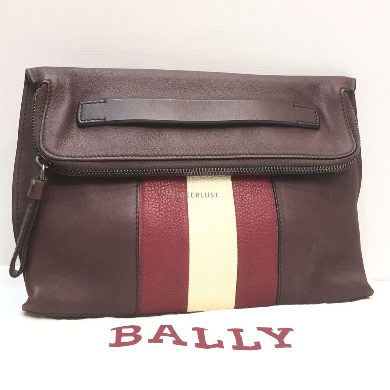 Bally Benjy Leather Red Maroon List White Clutch 