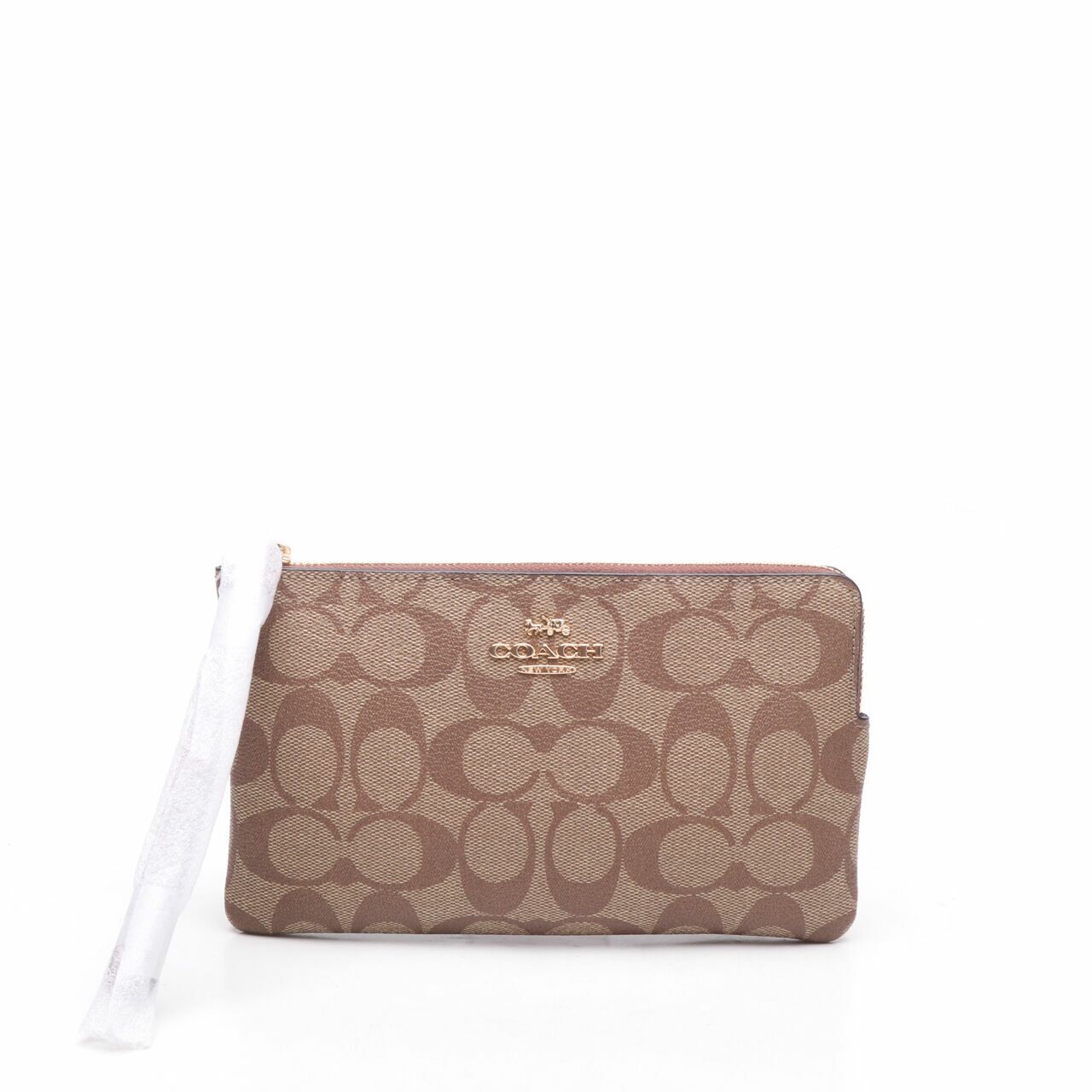 Coach 6648 Signature Large Corner Zip Wristlet Khaki Saddle Wallet