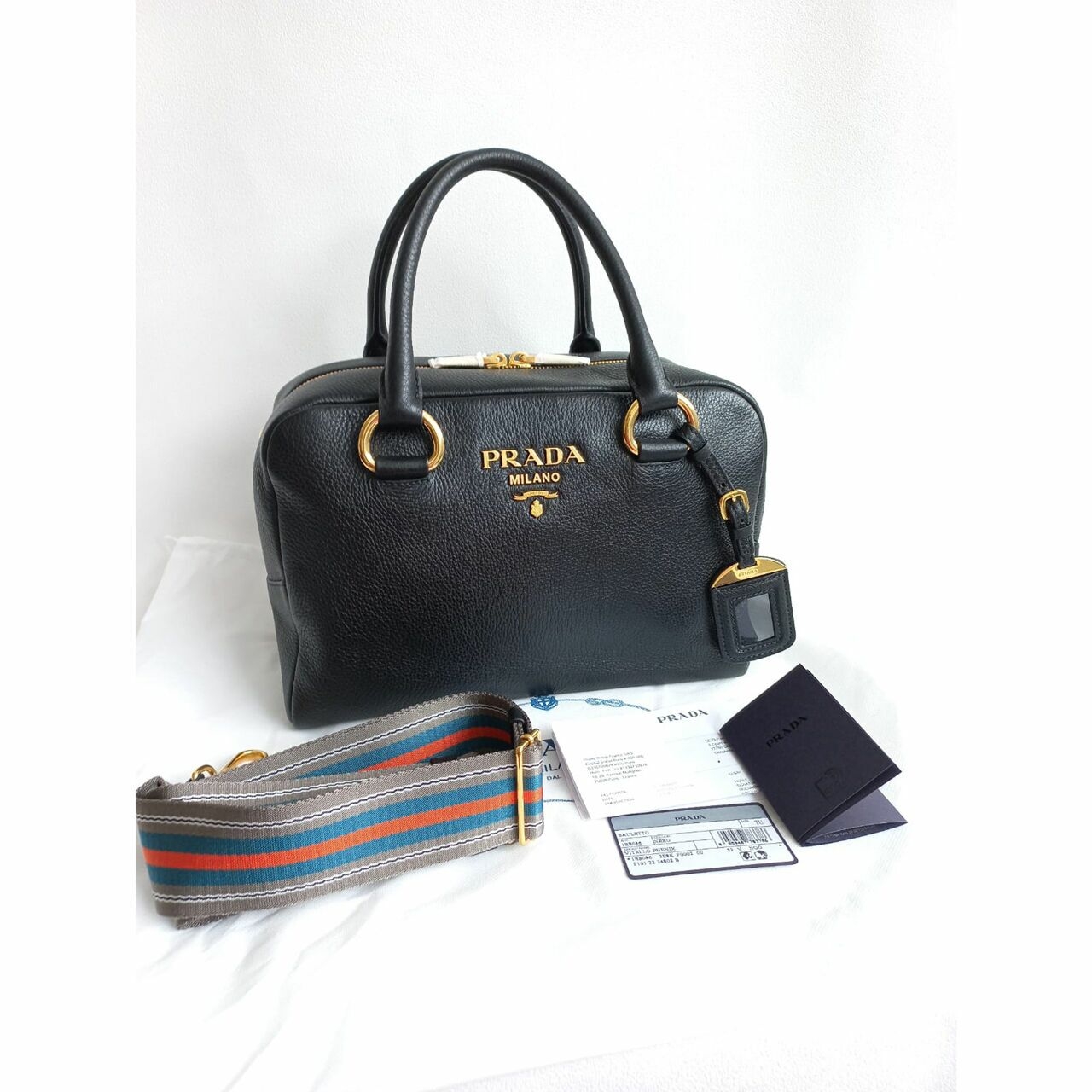 Prada Bauletto 1BB086 Vitello Phenix Caramel Nero Satchel