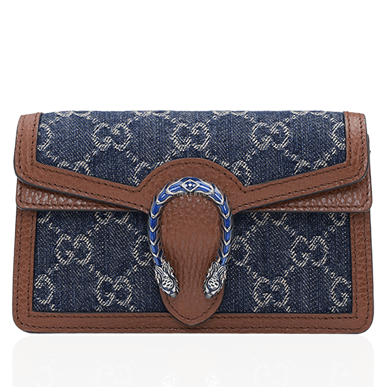 Gucci Super Mini GG Supreme Dionysus Chain Shoulder Bag in Dark Blue/Brown Denim x Leather