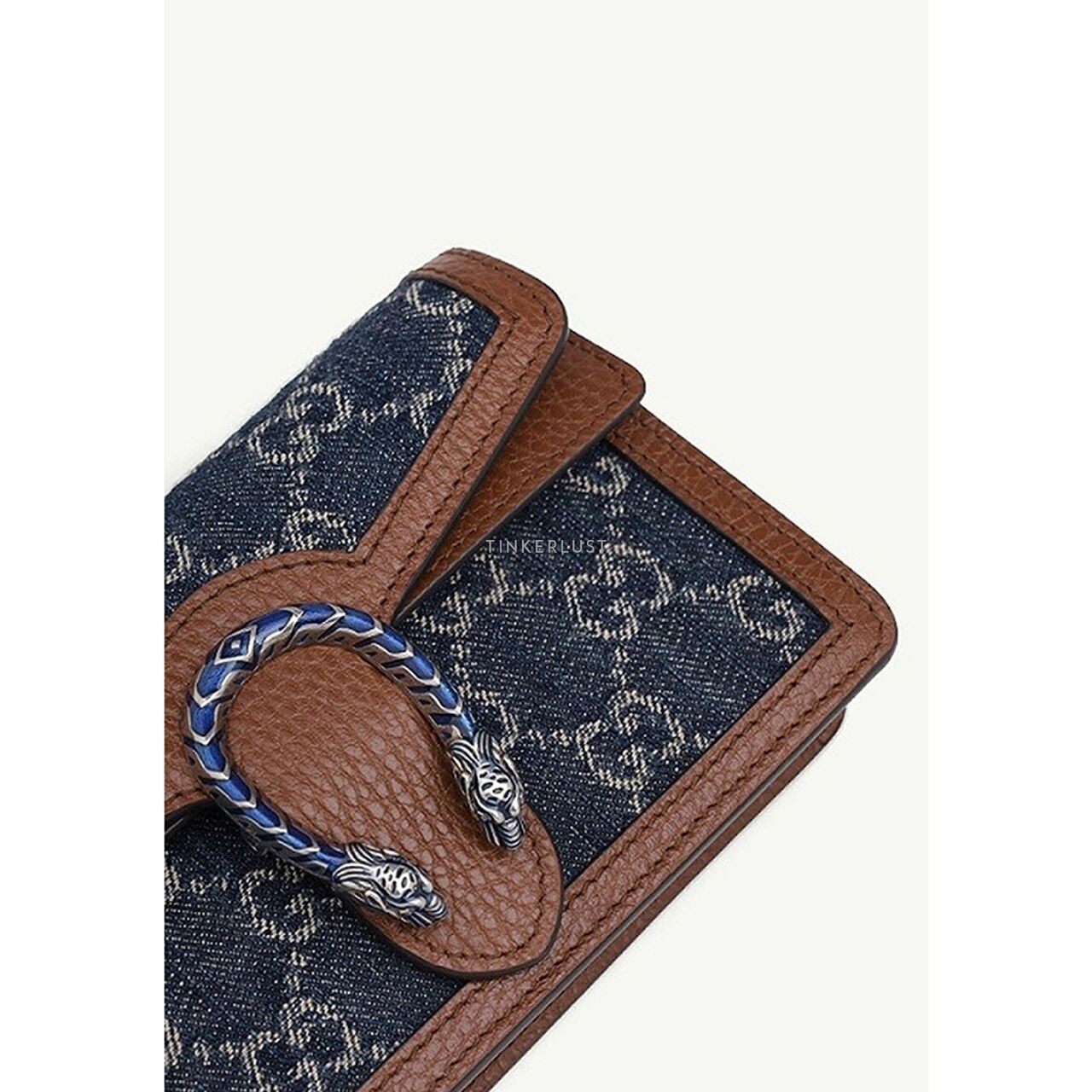 Gucci Super Mini GG Supreme Dionysus Chain Shoulder Bag in Dark Blue/Brown Denim x Leather