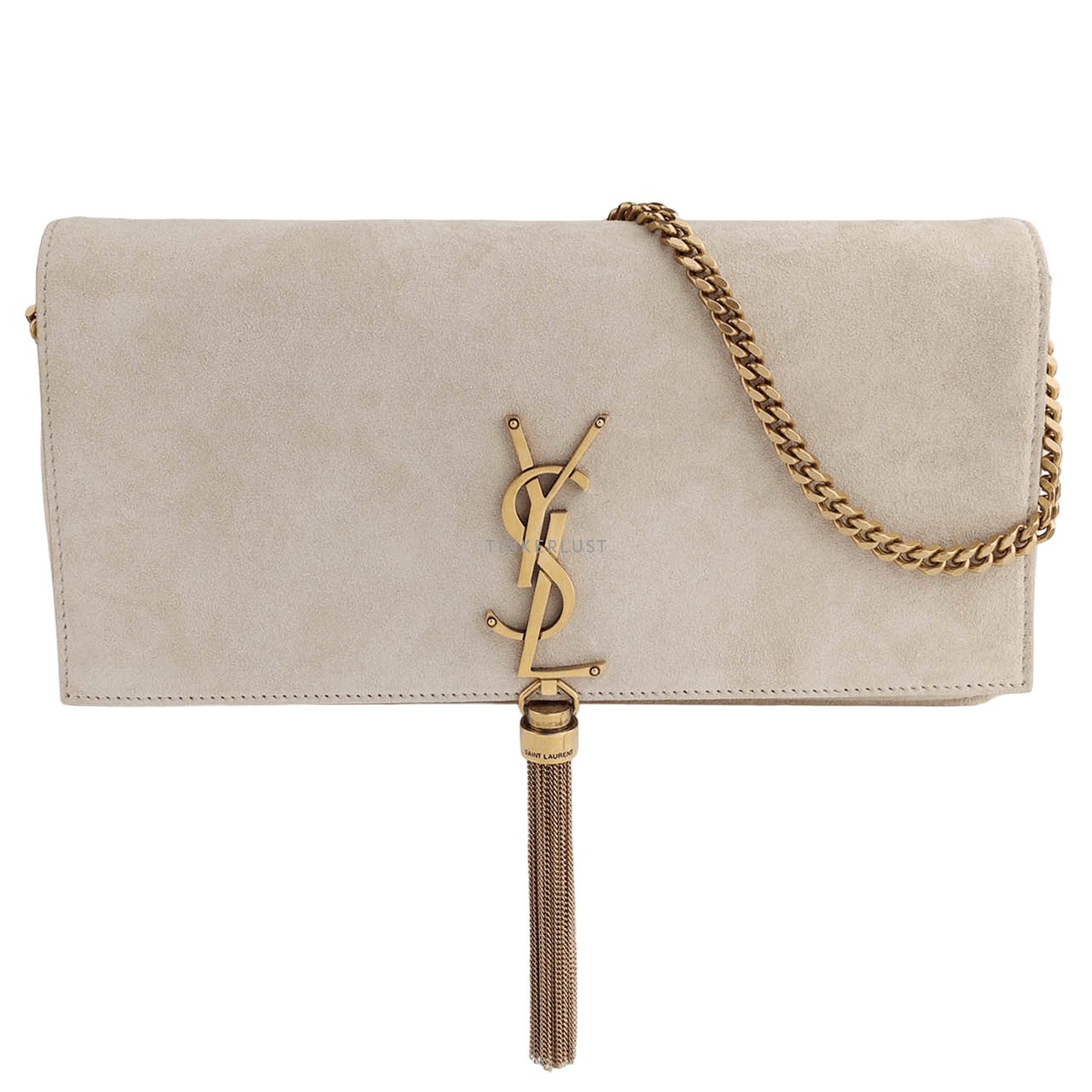 SAINT LAURENT Medium Kate 99 Chain Shoulder Bag in Sea Salt Suede with Tassel Sling Bag