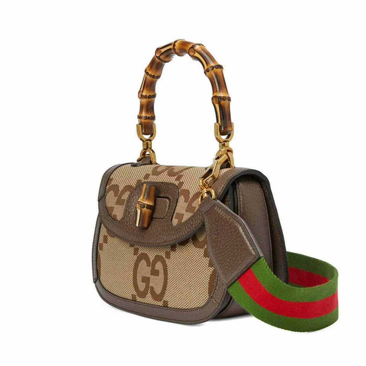 Gucci Bamboo 1947 Jumbo GG Top Handle Canvas Bag Camel and Ebony