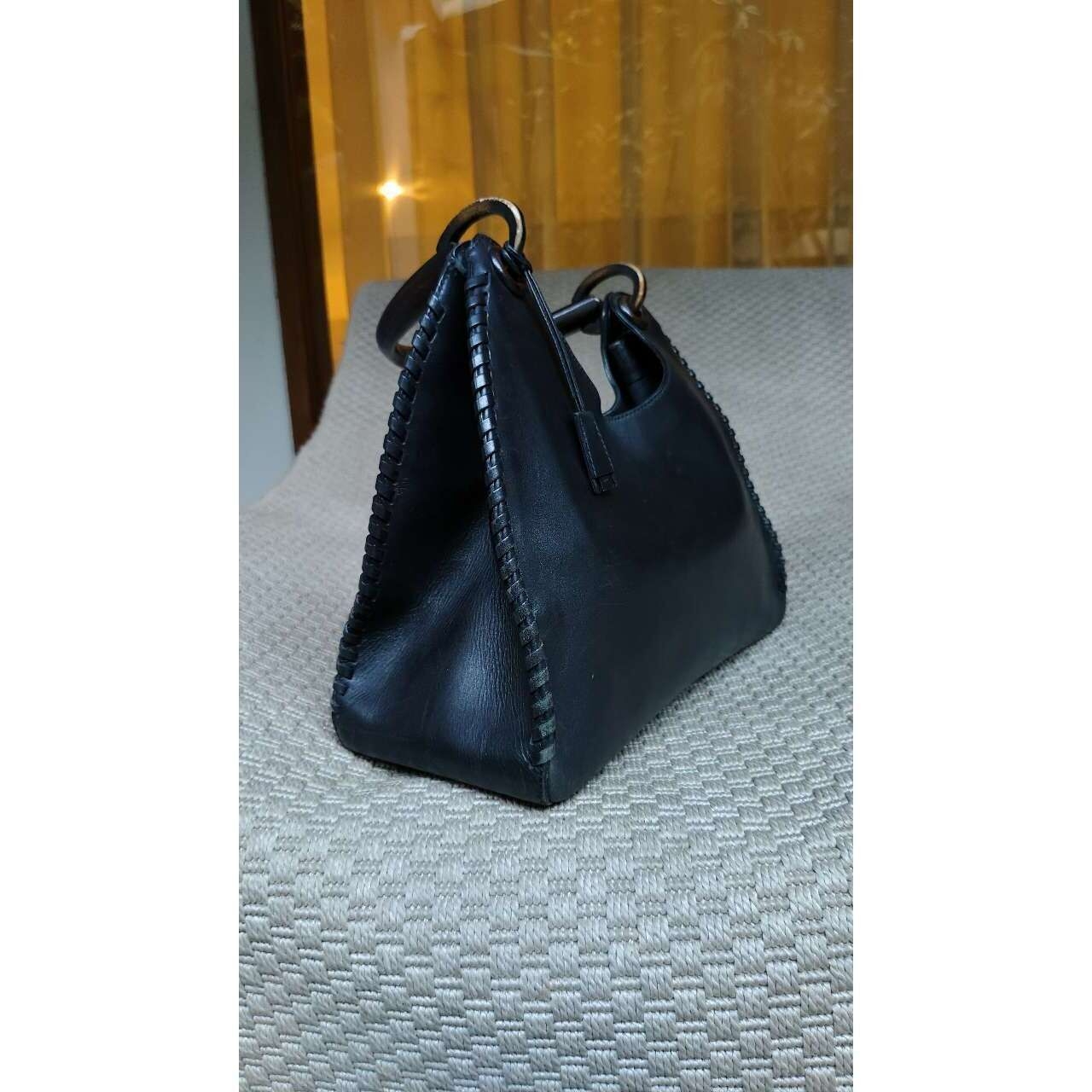 Gucci Whipstitch Wooden Handle Black Leather Hobo Bag