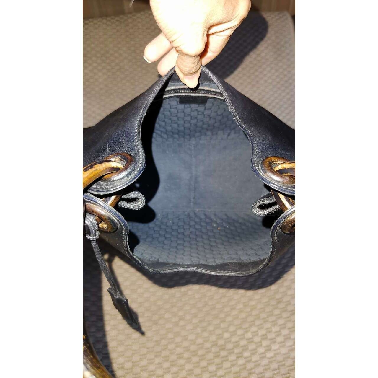 Gucci Whipstitch Wooden Handle Black Leather Hobo Bag