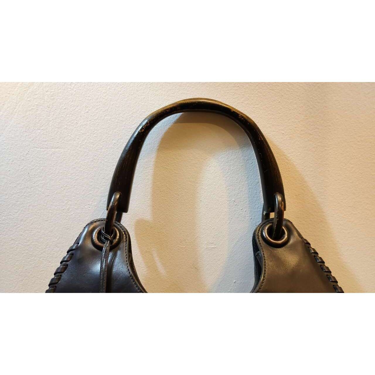 Gucci Whipstitch Wooden Handle Black Leather Hobo Bag