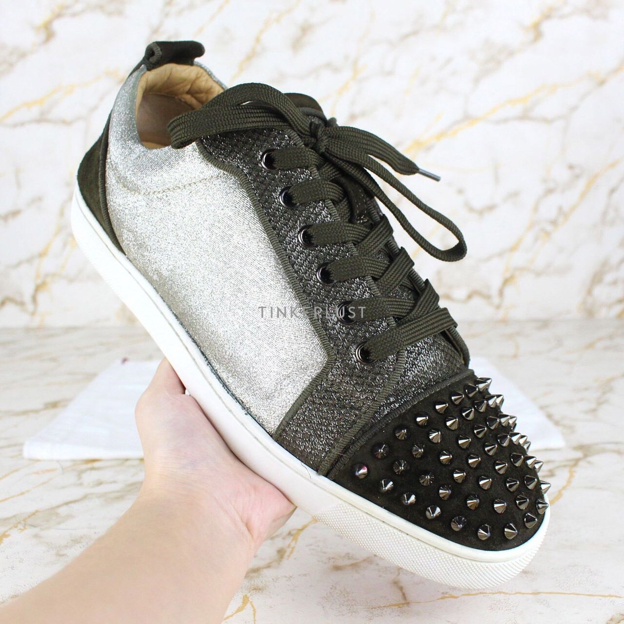 Christian Louboutin Junior Spikes Army Green Sneakers