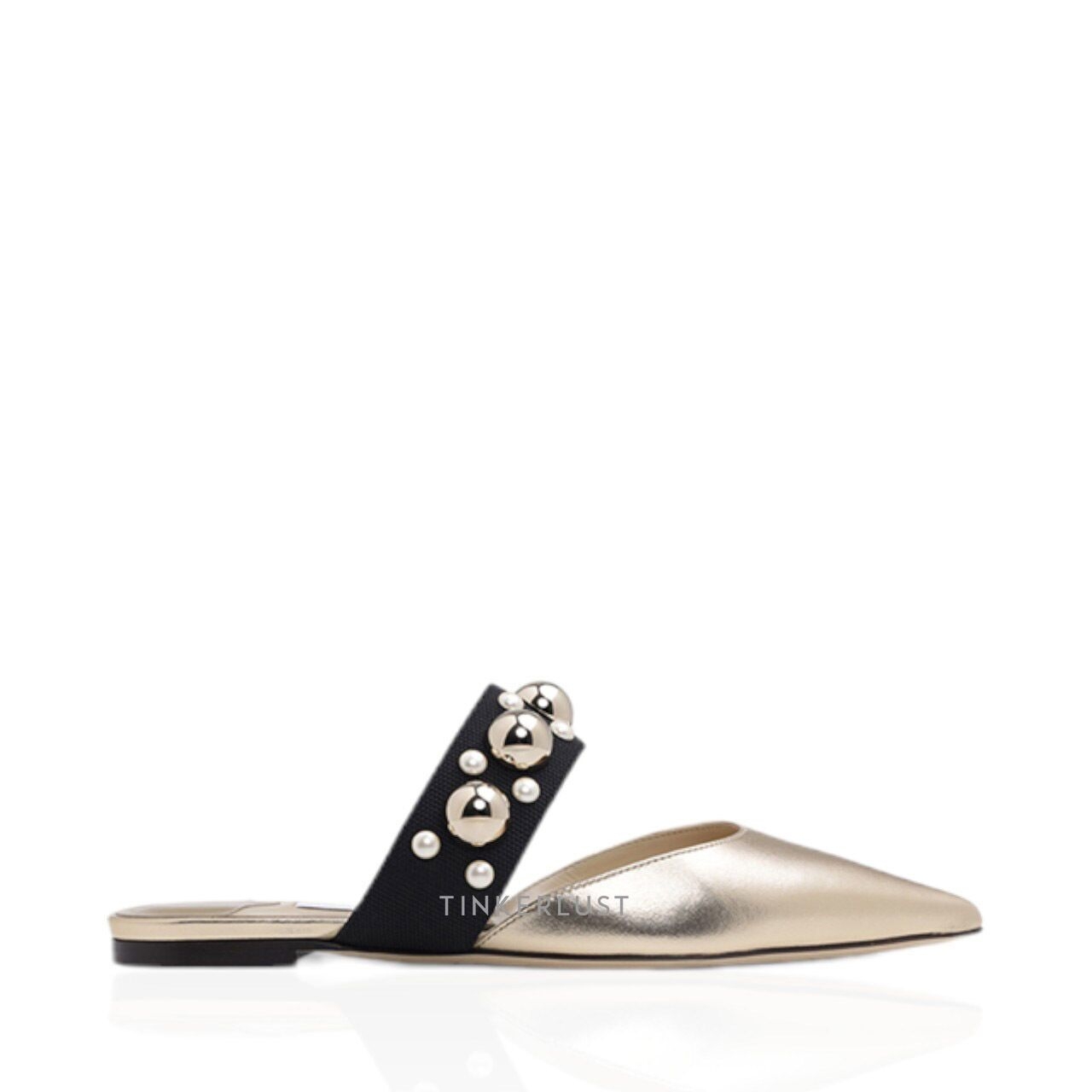 Jimmy Choo Basette Pointed Toe Flat in Gold/Gold Mix with Pearl and Stud Strap Flats