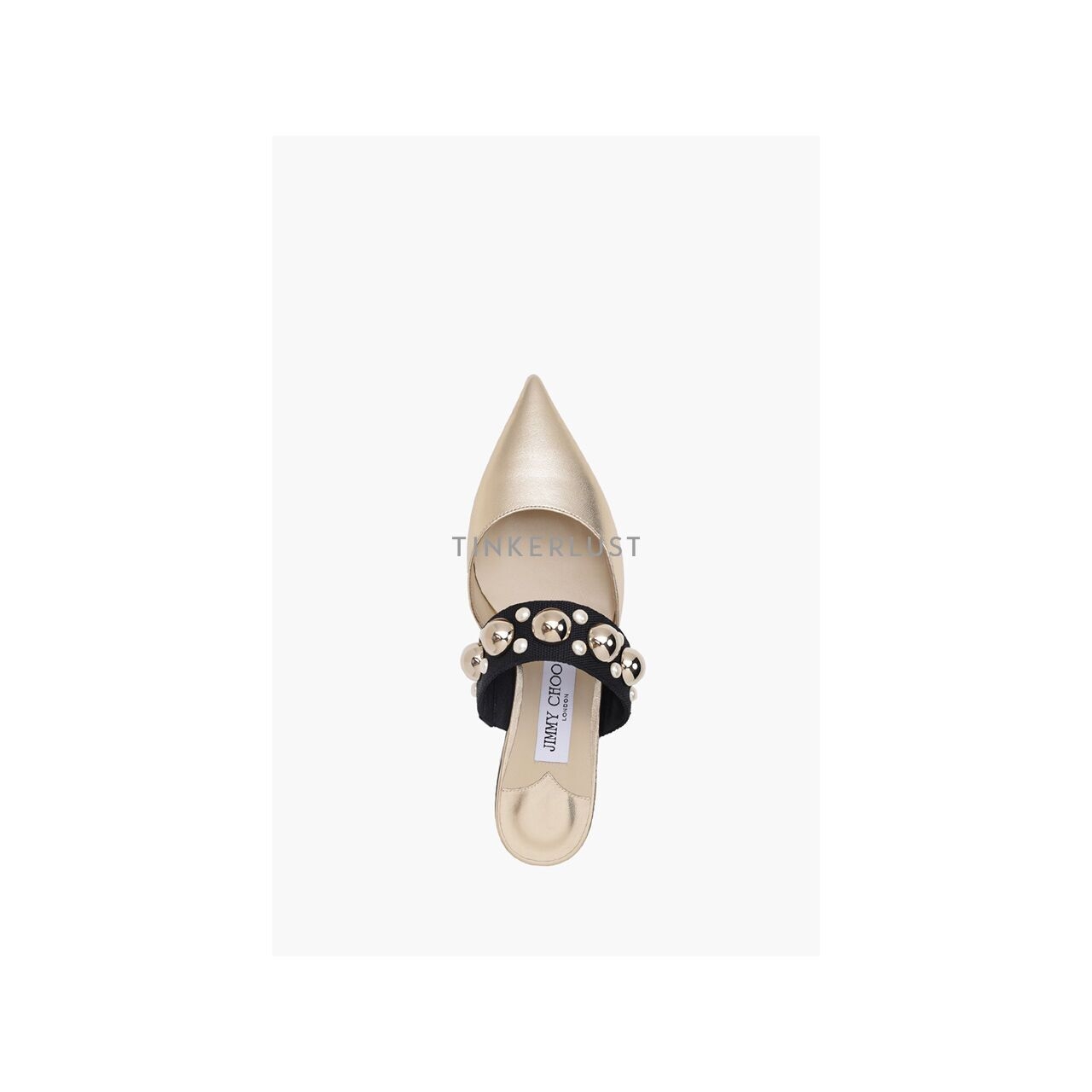 Jimmy Choo Basette Pointed Toe Flat in Gold/Gold Mix with Pearl and Stud Strap Flats