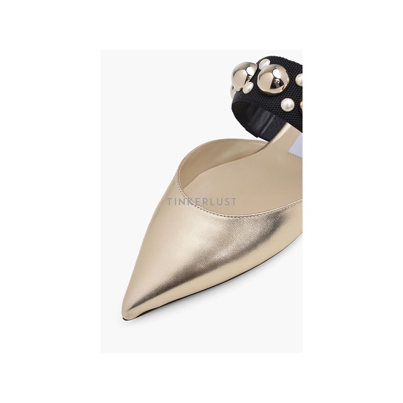 Jimmy Choo Basette Pointed Toe Flat in Gold/Gold Mix with Pearl and Stud Strap Flats