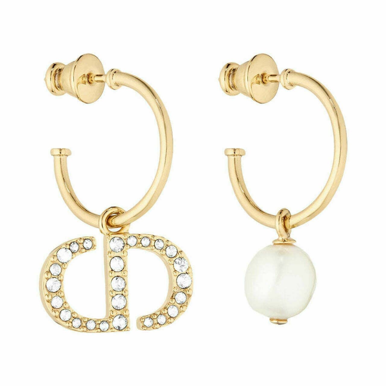 Christian Dior Crystals & Resin Pearl Petit CD Earrings Gold White