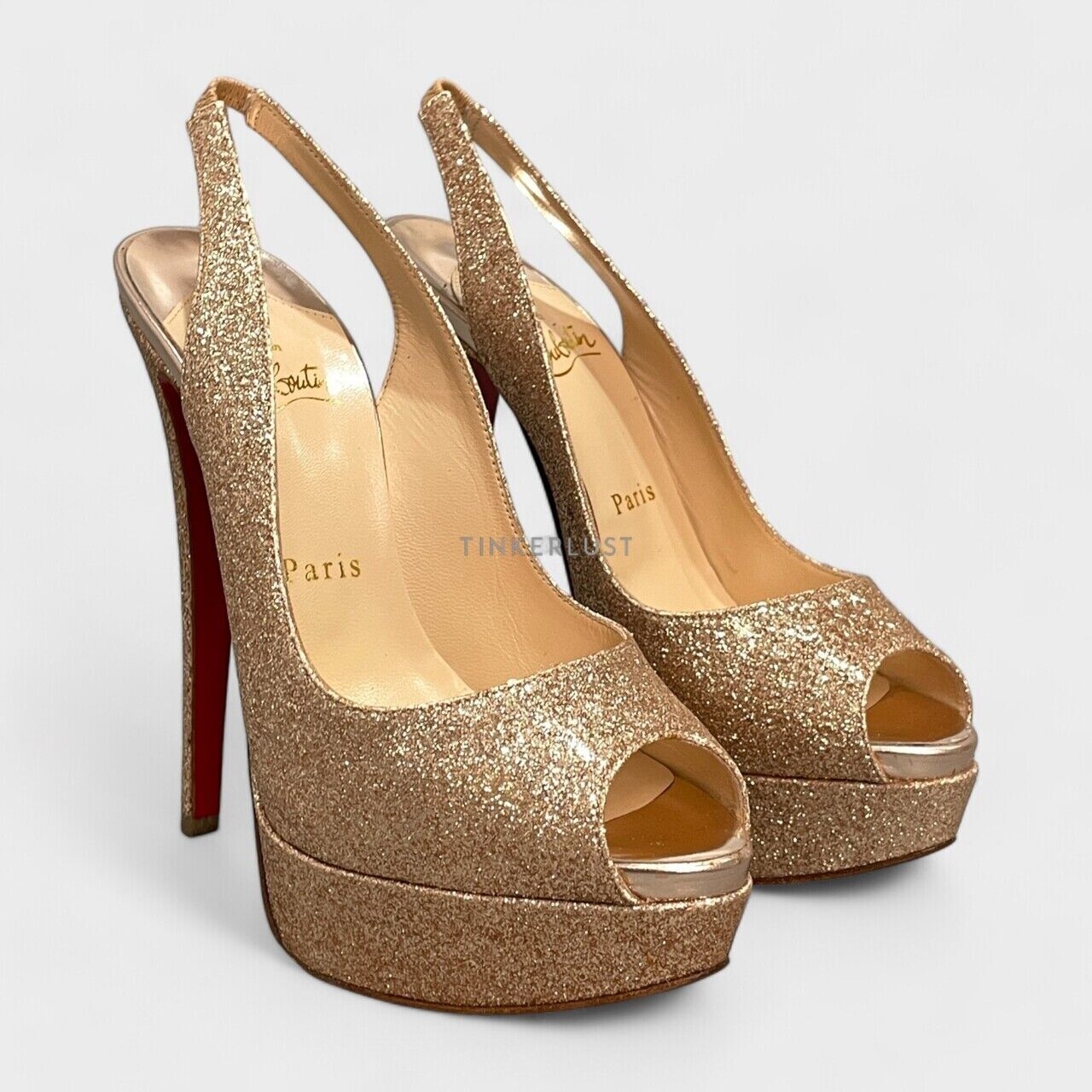 Christian Louboutin Lady Peep 150 Glitter Mini/SP Slingback Heels 