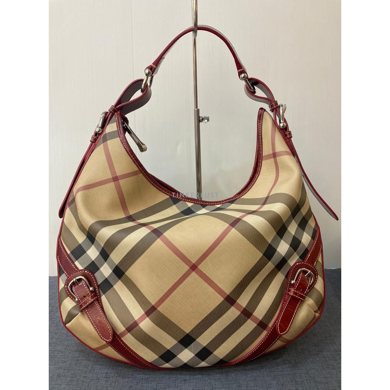 Burberry Hobo Nova Check Red Shoulder Bag 