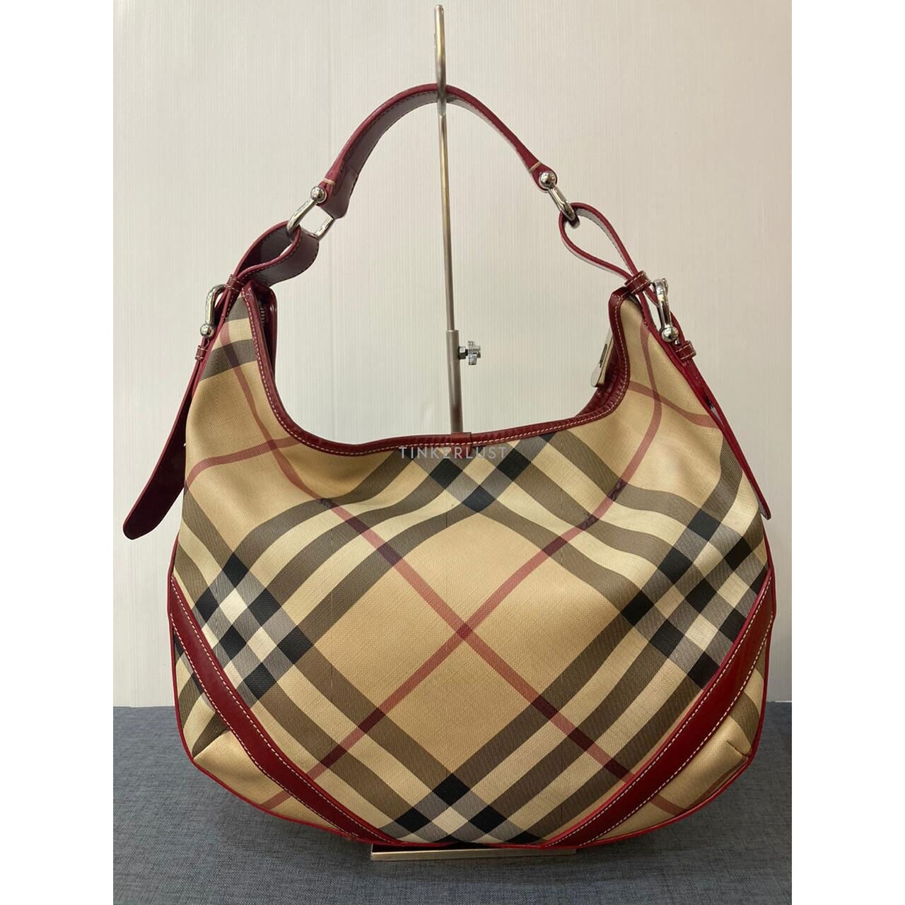 Burberry Hobo Nova Check Red Shoulder Bag 