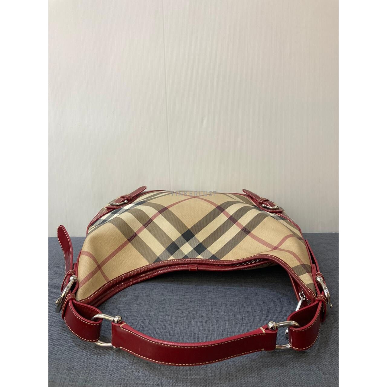 Burberry Hobo Nova Check Red Shoulder Bag 