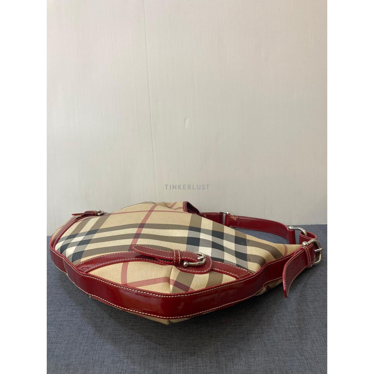 Burberry Hobo Nova Check Red Shoulder Bag 