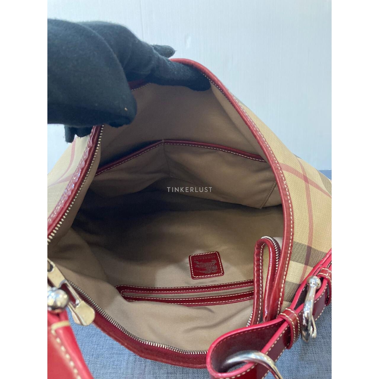 Burberry Hobo Nova Check Red Shoulder Bag 