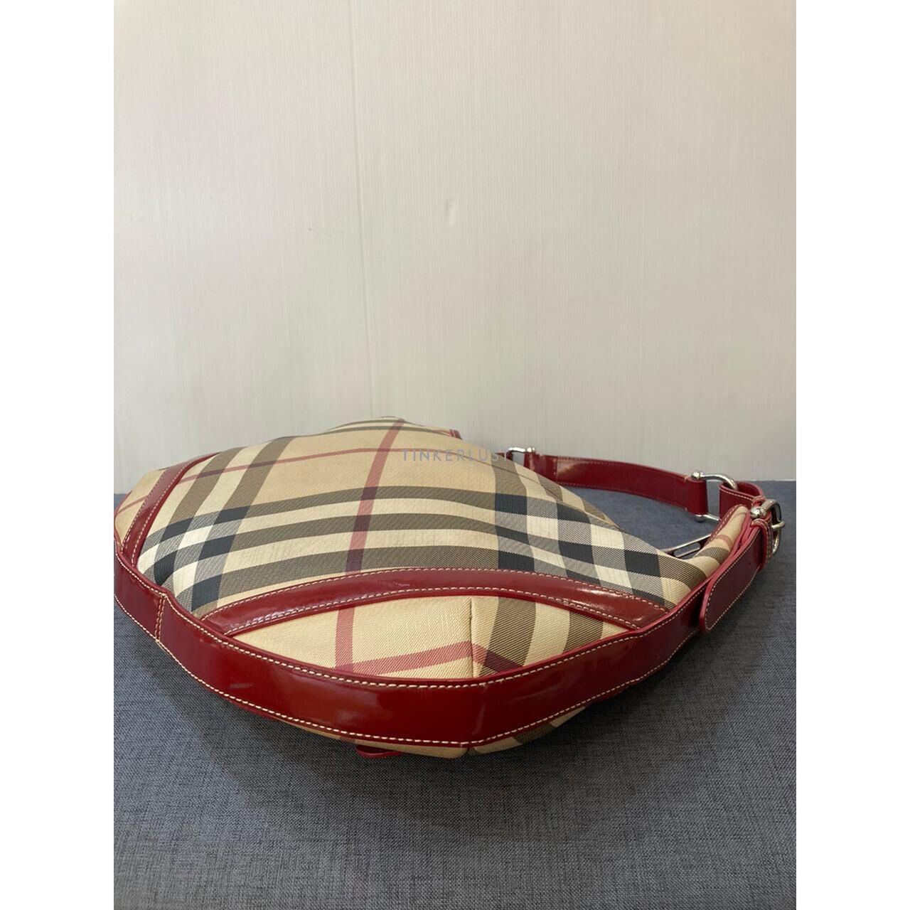 Burberry Hobo Nova Check Red Shoulder Bag 