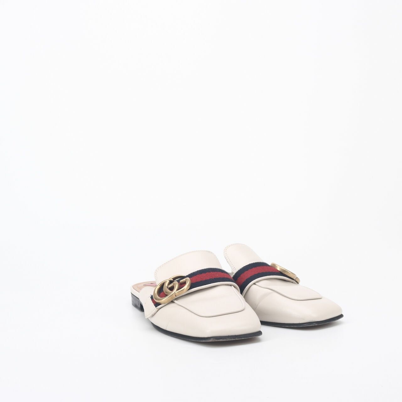 GUCCI Calfskin Web Womens Peyton GG Slippers  White