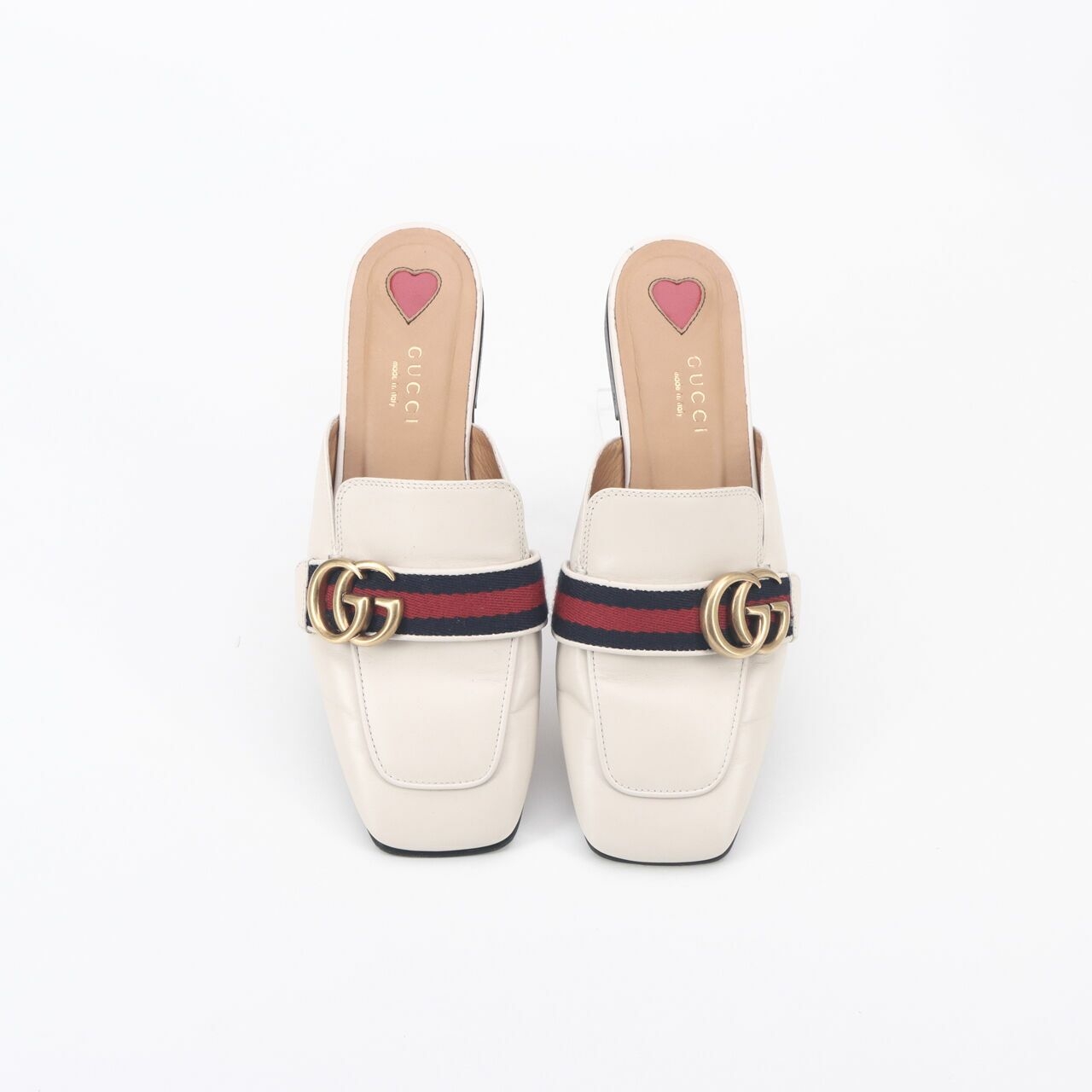 GUCCI Calfskin Web Womens Peyton GG Slippers  White