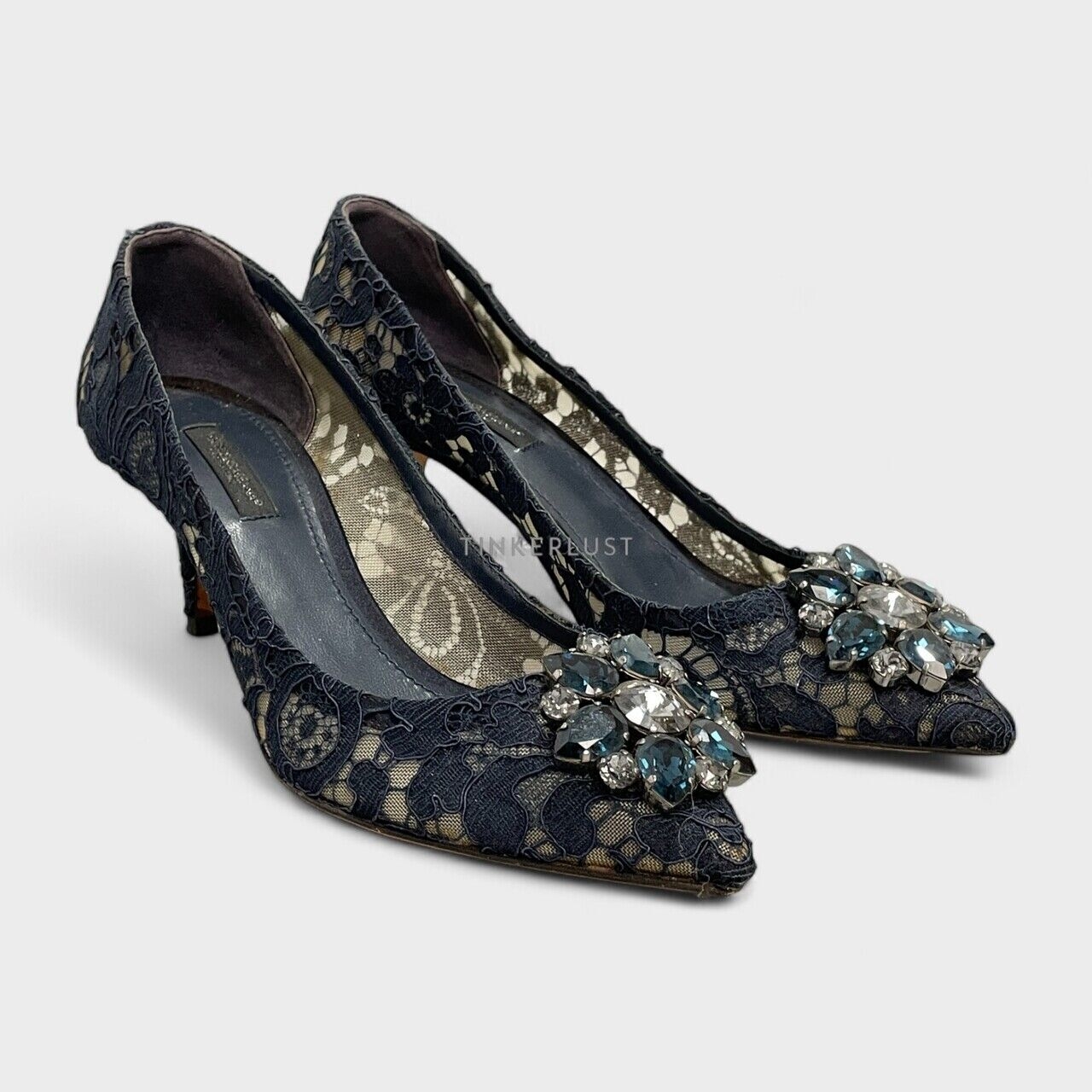 Dolce & Gabbana Crystal Embellished Lace Navy Pumps