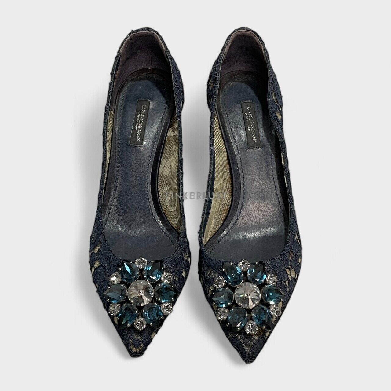 Dolce & Gabbana Crystal Embellished Lace Navy Pumps