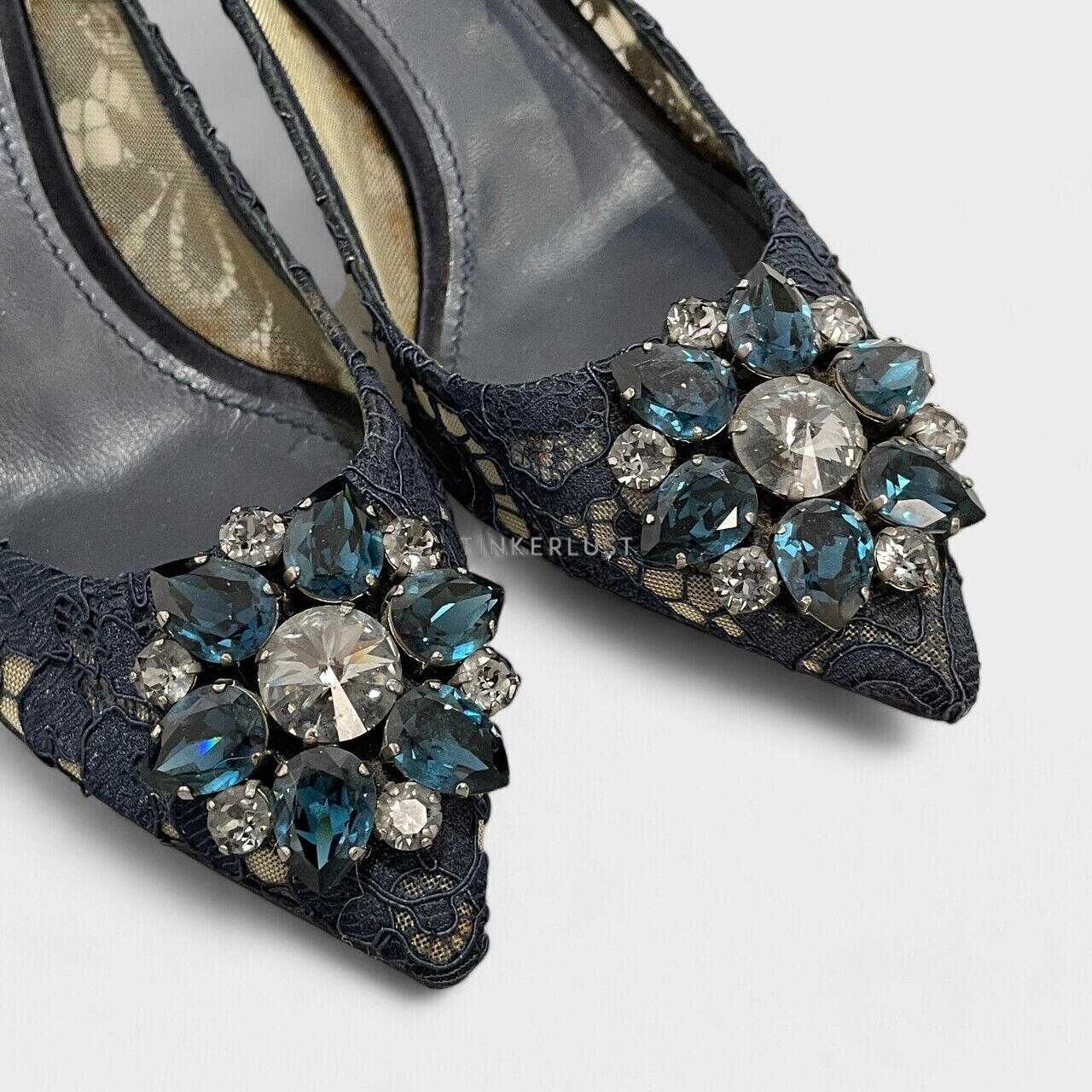 Dolce & Gabbana Crystal Embellished Lace Navy Pumps