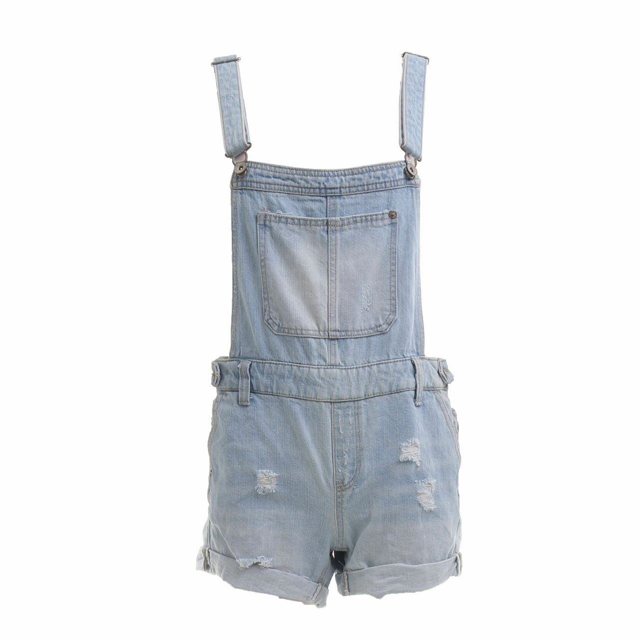 Bershka Light Blue Washed Ripped Jumpsuit