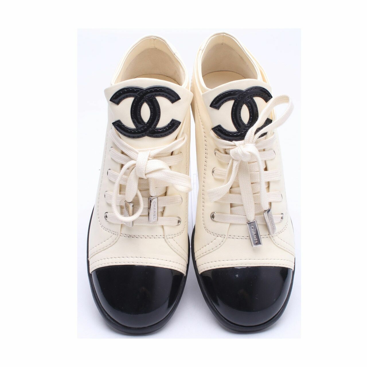 Chanel Black & White Lace Up Lambskin Patent Calfskin Sneakers