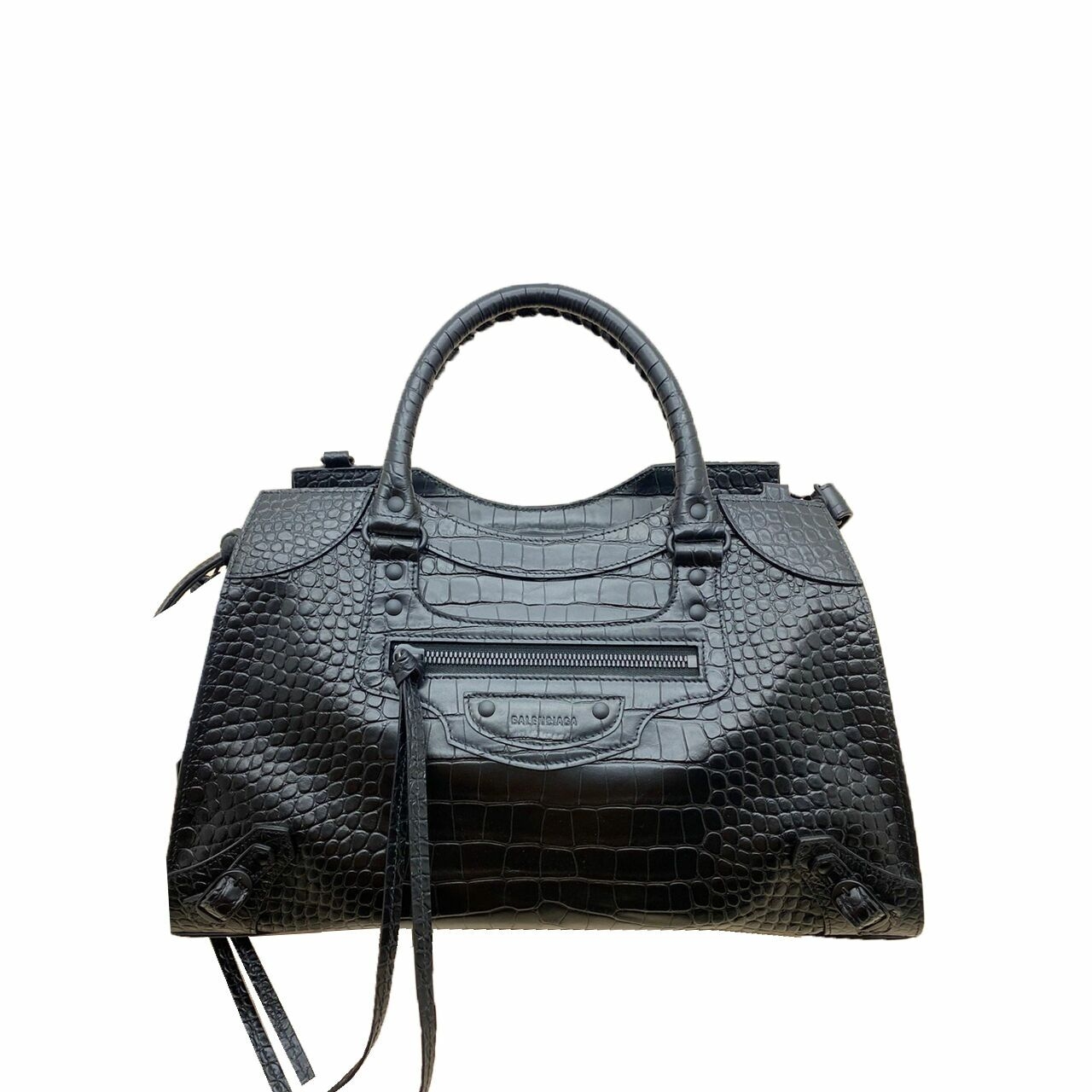 Balenciaga Neo Classic M Semi Matte Embossed Croc Calfskin Black Satchel