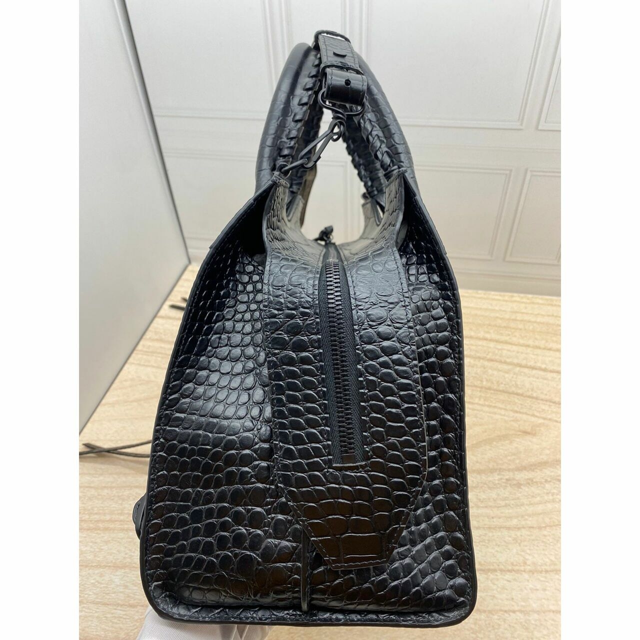 Balenciaga Neo Classic M Semi Matte Embossed Croc Calfskin Black Satchel