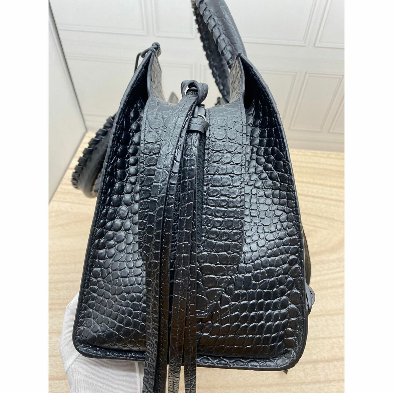 Balenciaga Neo Classic M Semi Matte Embossed Croc Calfskin Black Satchel