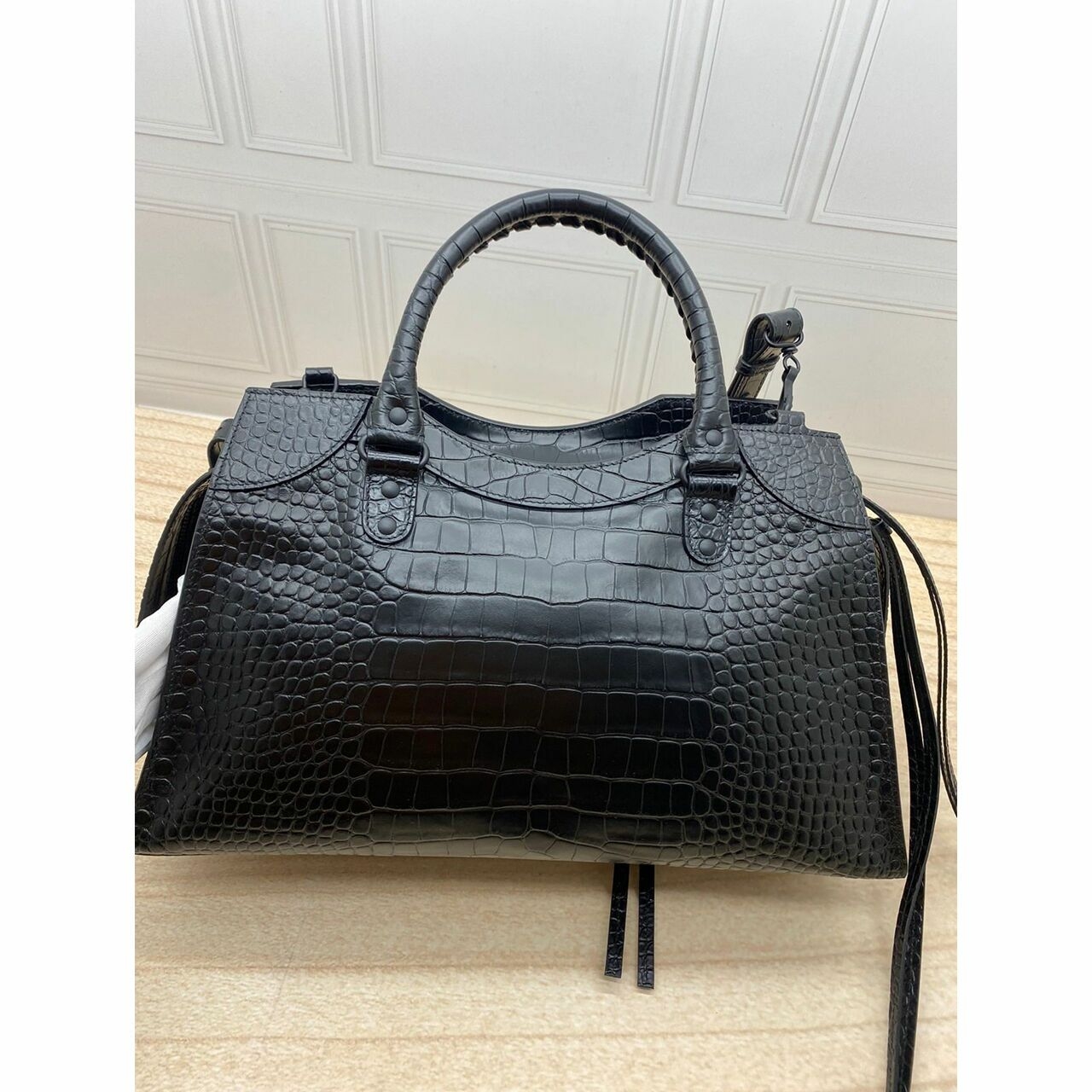 Balenciaga Neo Classic M Semi Matte Embossed Croc Calfskin Black Satchel