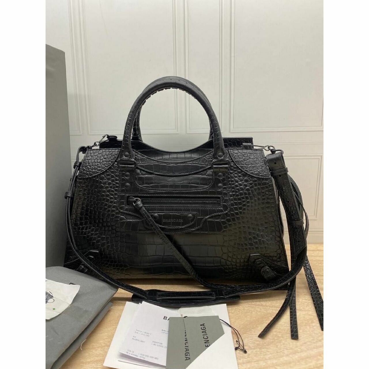 Balenciaga Neo Classic M Semi Matte Embossed Croc Calfskin Black Satchel