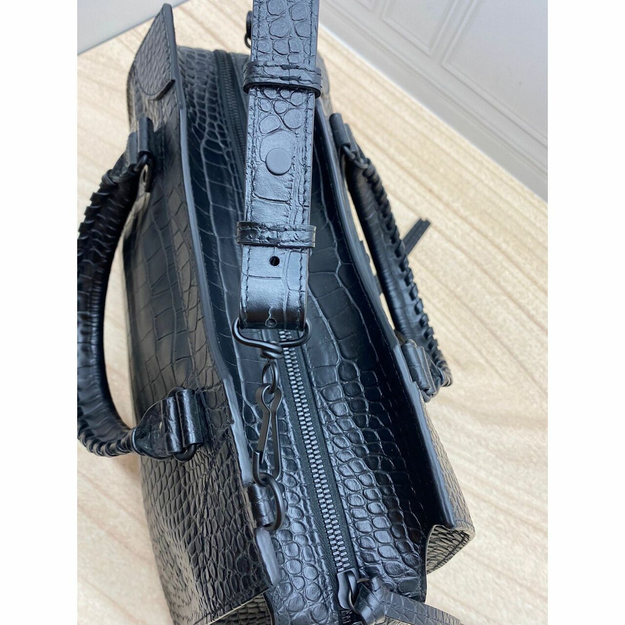 Balenciaga Neo Classic M Semi Matte Embossed Croc Calfskin Black Satchel